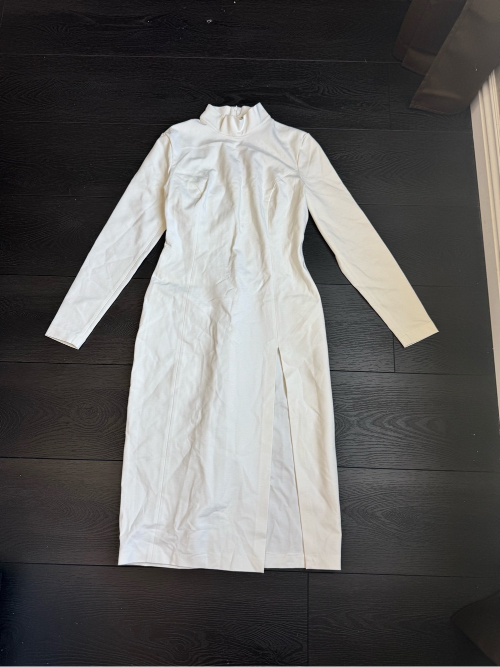 Amina Muaddi White Long-Sleeve High-Neck Midi Dress with Front Slit
